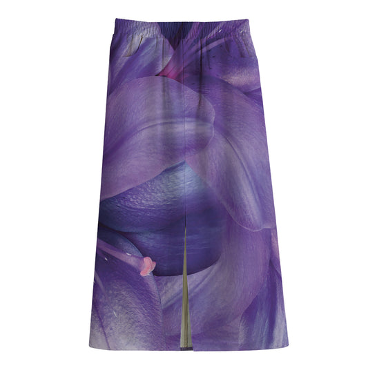 Purple Lily Flower Print Cotton Front Slit Maxi Skirt
