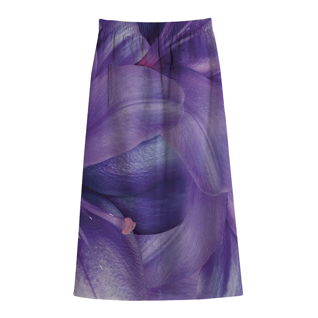 Purple Lily Flower Print Cotton Front Slit Maxi Skirt