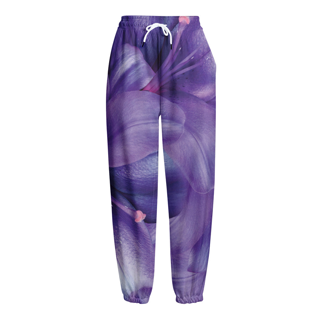 Purple Lily Flower Print Fleece Lined Knit Pants