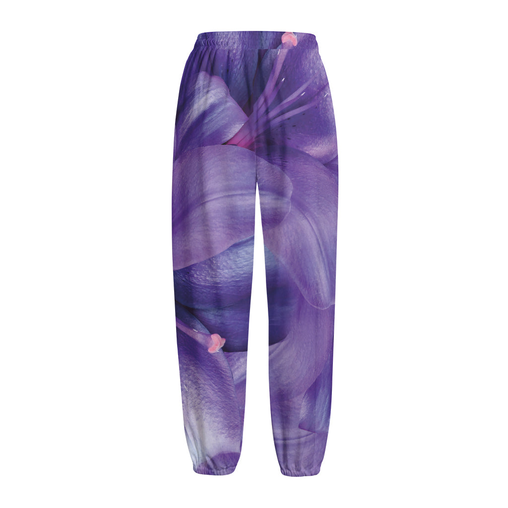 Purple Lily Flower Print Fleece Lined Knit Pants
