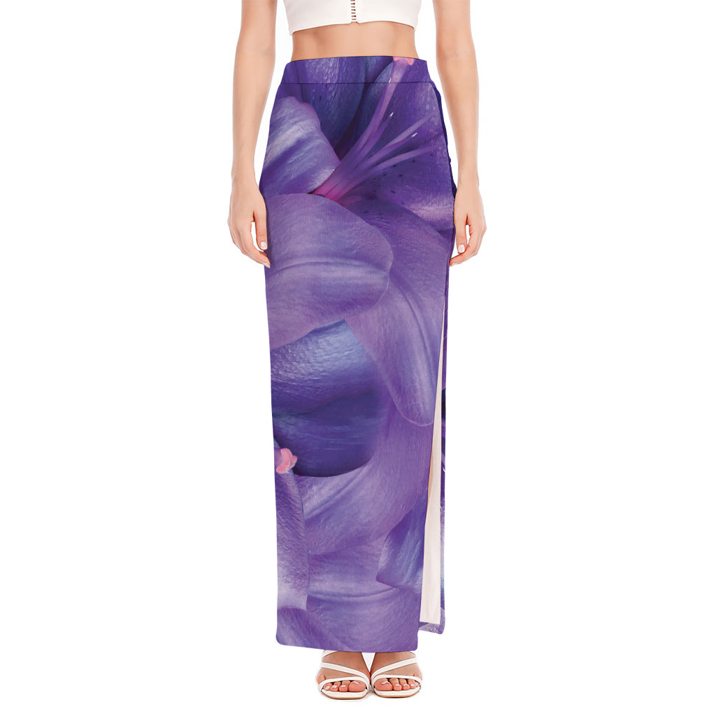 Purple Lily Flower Print High Slit Maxi Skirt