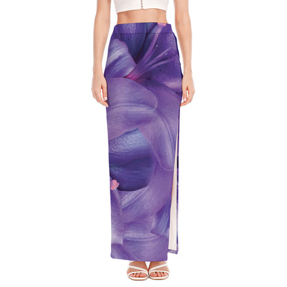 Purple Lily Flower Print High Slit Maxi Skirt