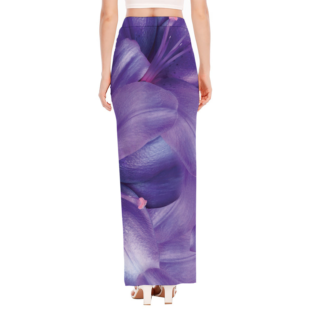 Purple Lily Flower Print High Slit Maxi Skirt