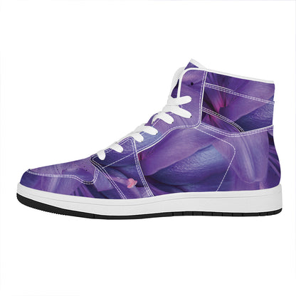 Purple Lily Flower Print High Top Leather Sneakers