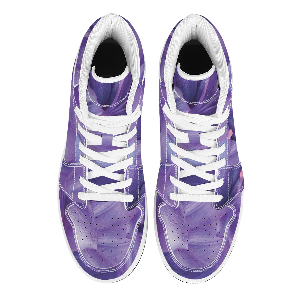 Purple Lily Flower Print High Top Leather Sneakers