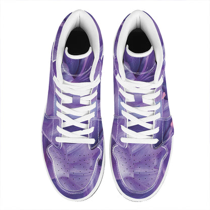 Purple Lily Flower Print High Top Leather Sneakers