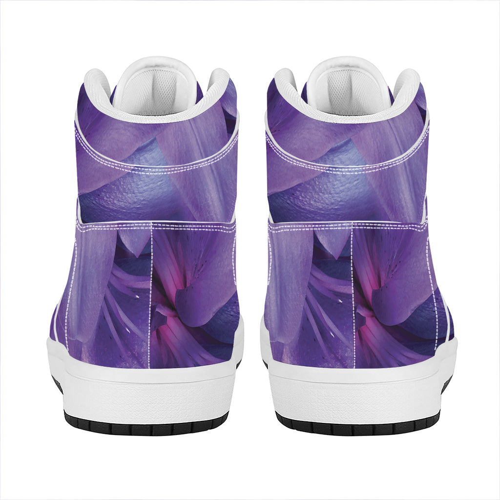 Purple Lily Flower Print High Top Leather Sneakers