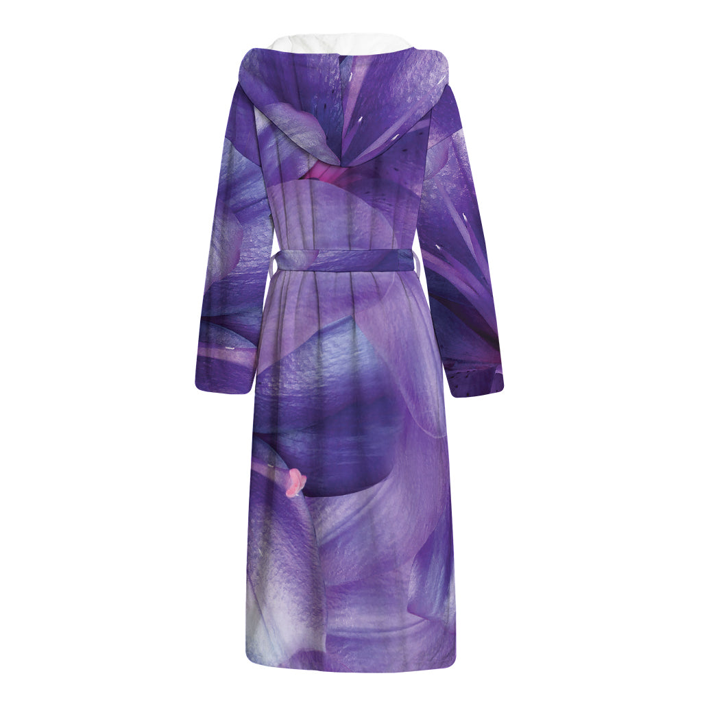Purple Lily Flower Print Hooded Bathrobe