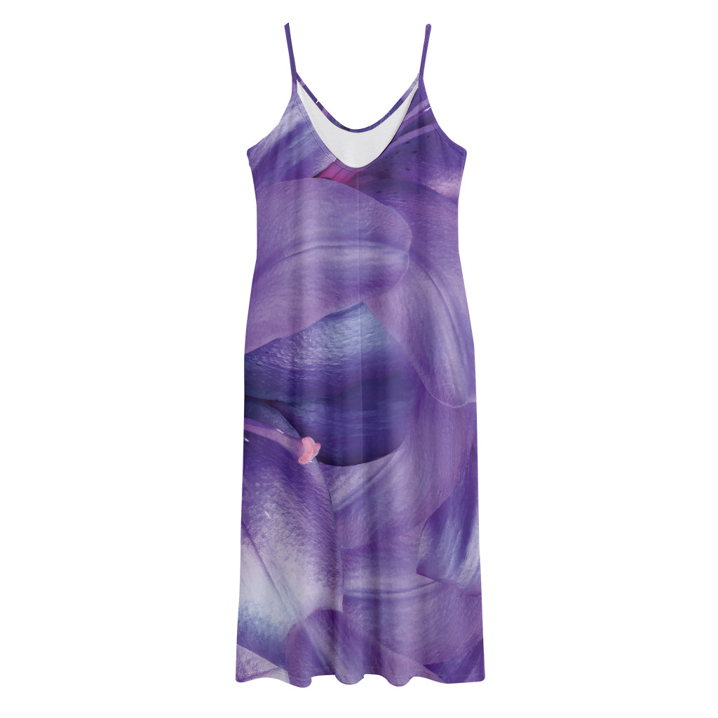 Purple Lily Flower Print Jersey Midi Cami Dress