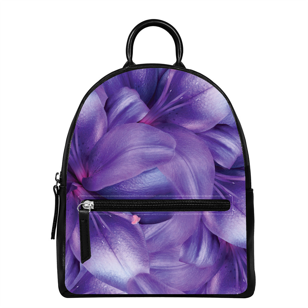 Purple Lily Flower Print Leather Backpack