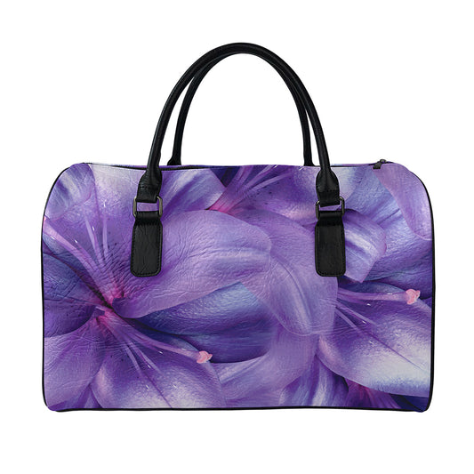 Purple Lily Flower Print Leather Duffle Bag