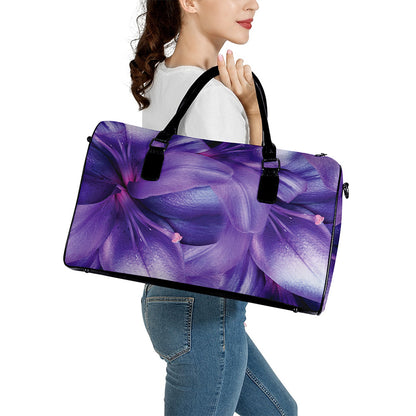 Purple Lily Flower Print Leather Duffle Bag