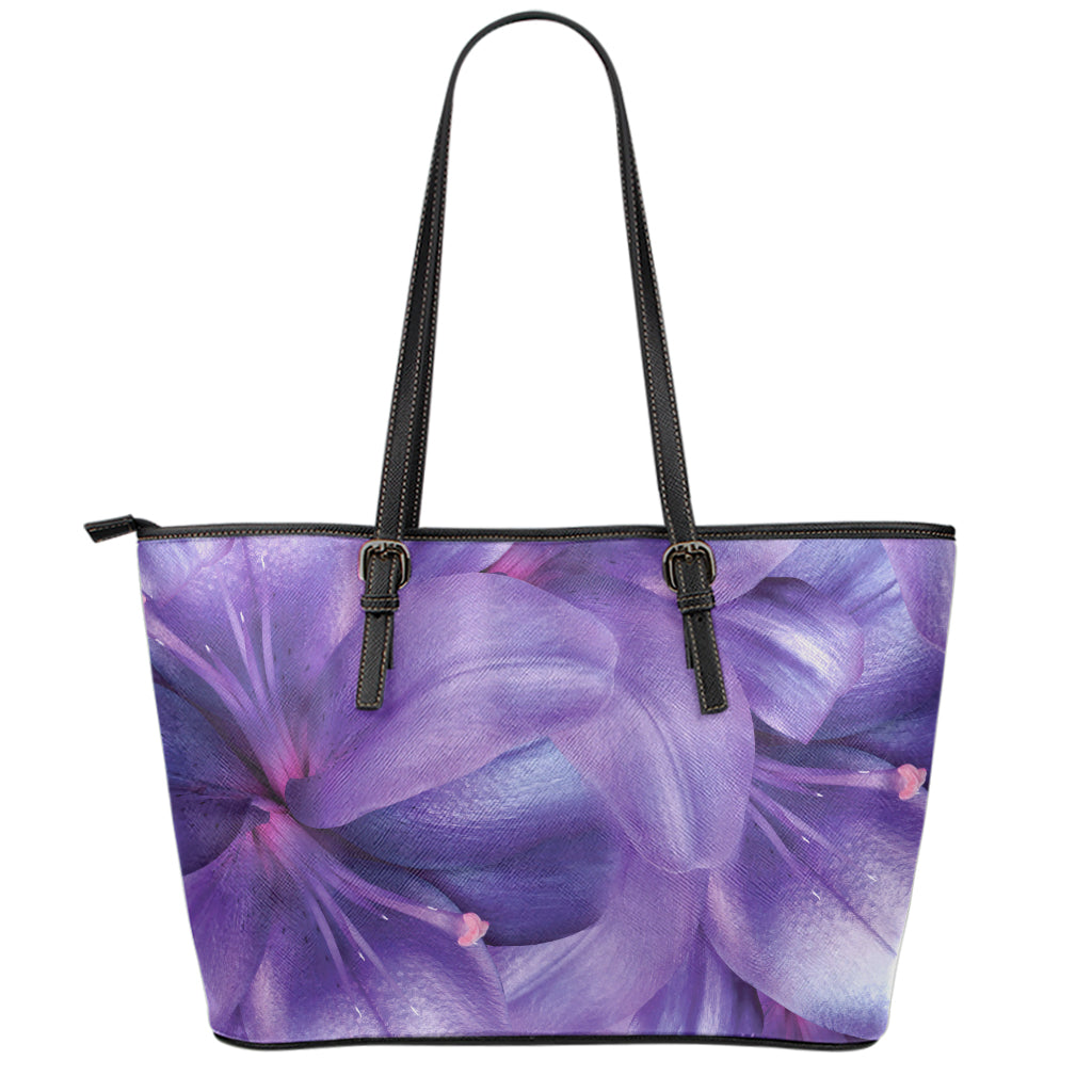 Purple Lily Flower Print Leather Tote Bag