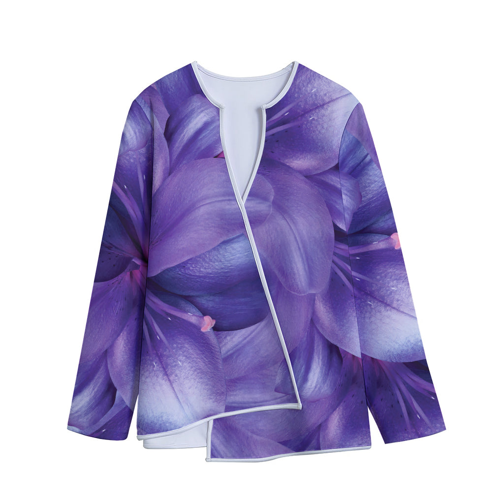 Purple Lily Flower Print Long Sleeve Short Coat