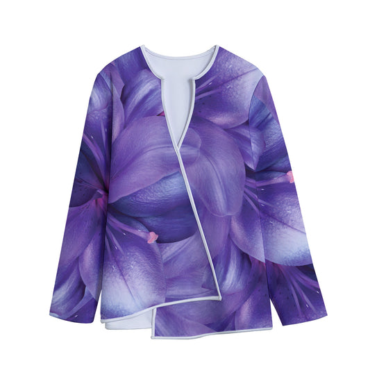 Purple Lily Flower Print Long Sleeve Short Coat