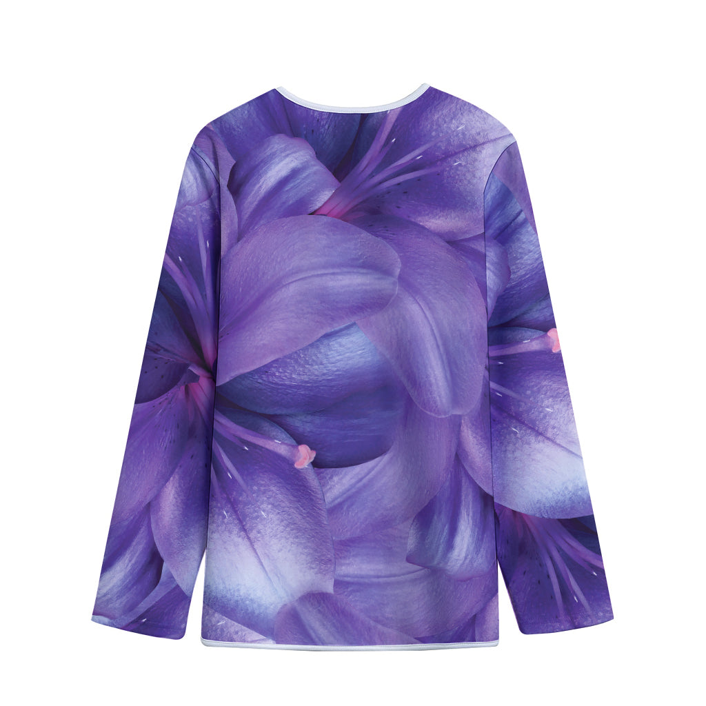 Purple Lily Flower Print Long Sleeve Short Coat