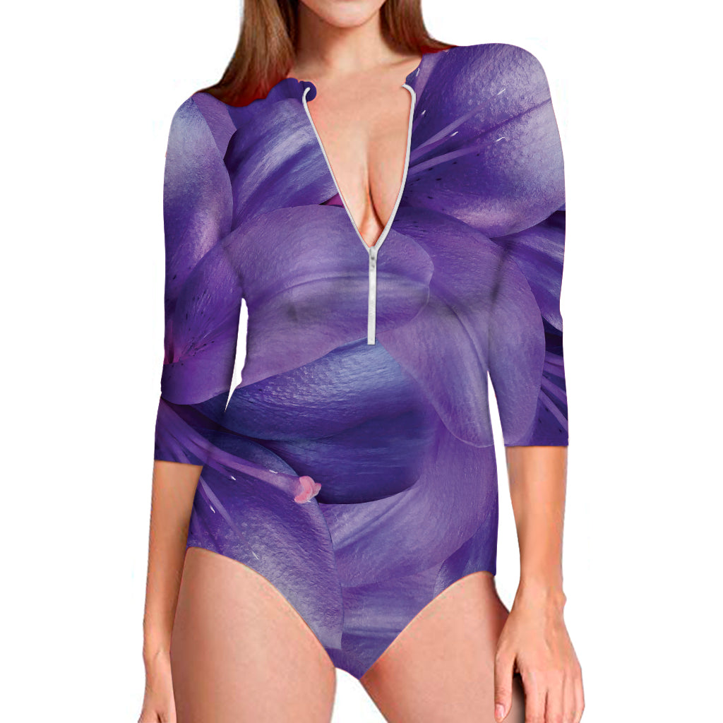 Purple Lily Flower Print Long Sleeve Swimsuit