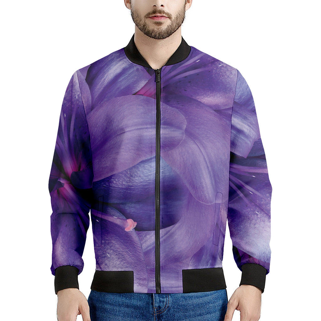 Purple Lily Flower Print Men's Bomber Jacket