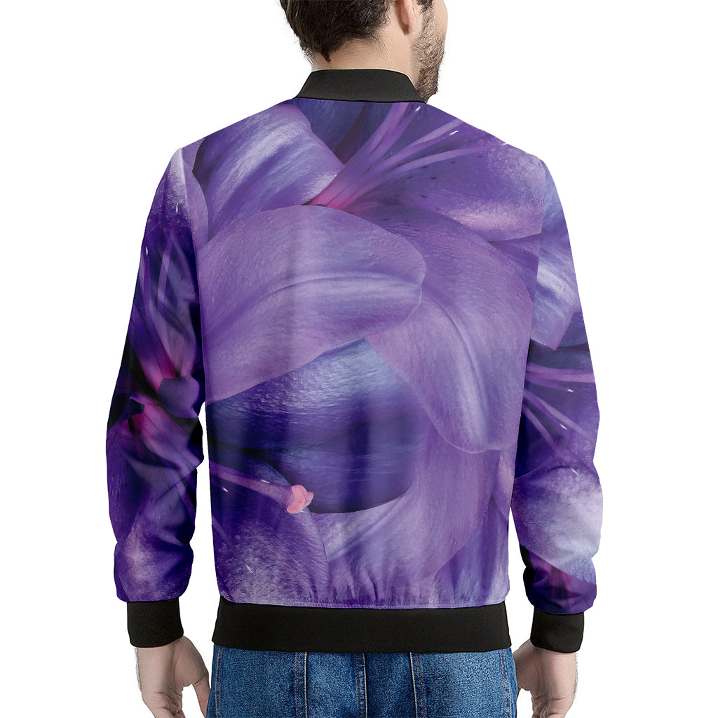 Purple Lily Flower Print Men's Bomber Jacket