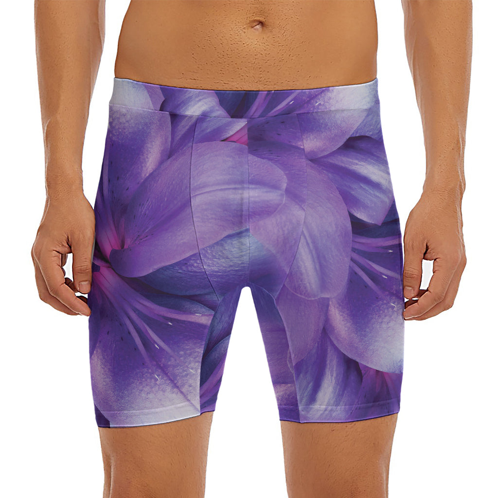 Purple Lily Flower Print Men's Long Boxer Briefs
