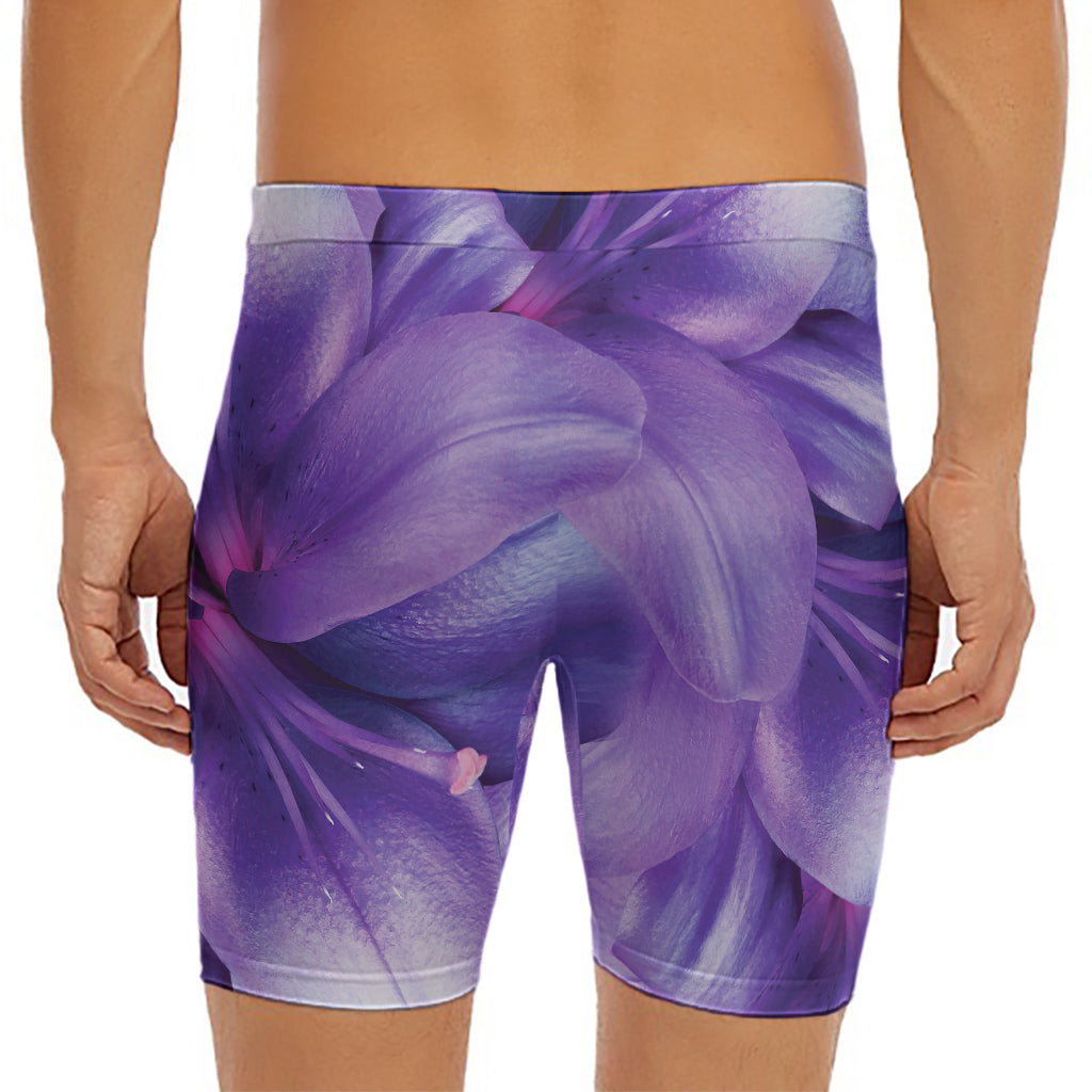 Purple Lily Flower Print Men's Long Boxer Briefs