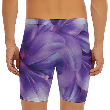 Purple Lily Flower Print Men's Long Boxer Briefs