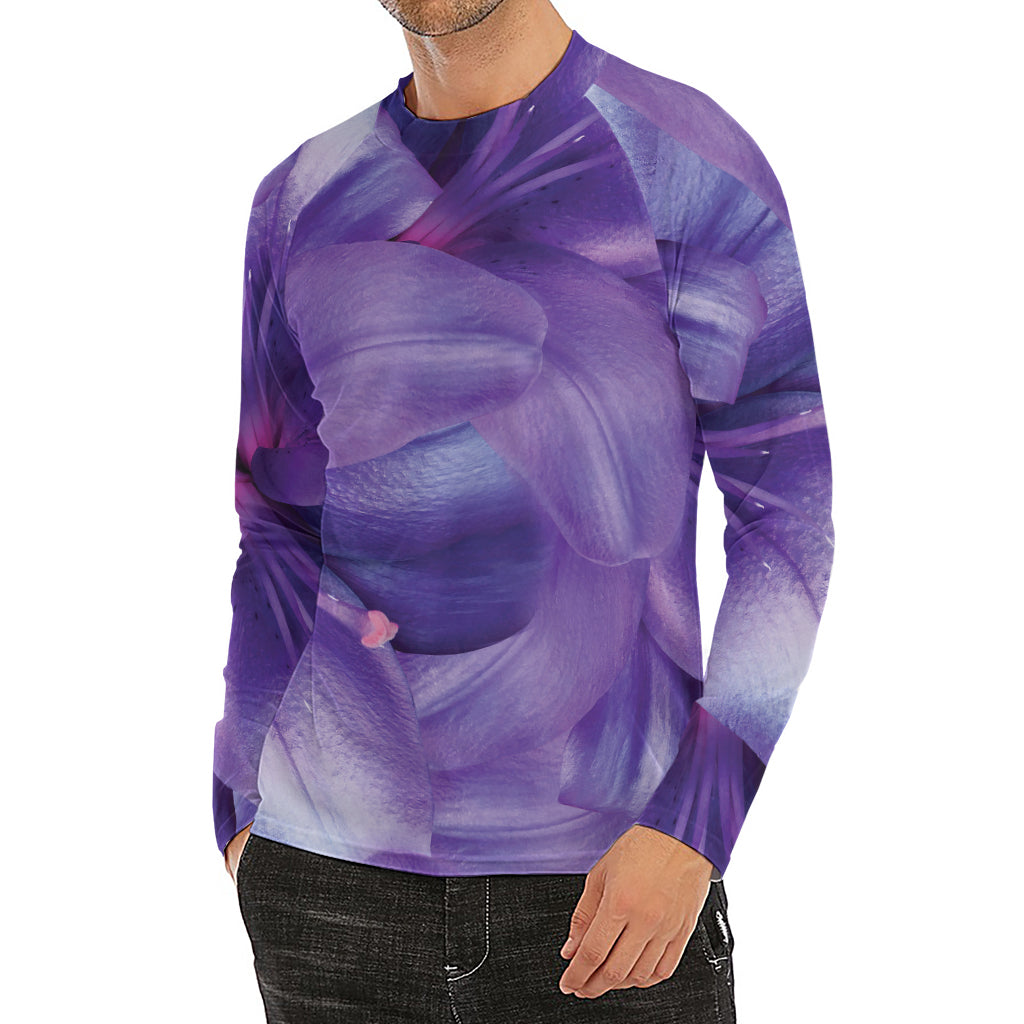Purple Lily Flower Print Men's Long Sleeve Rash Guard
