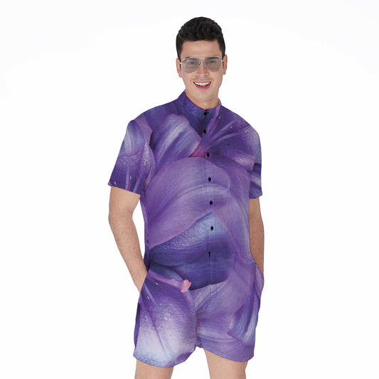 Purple Lily Flower Print Men's Rompers