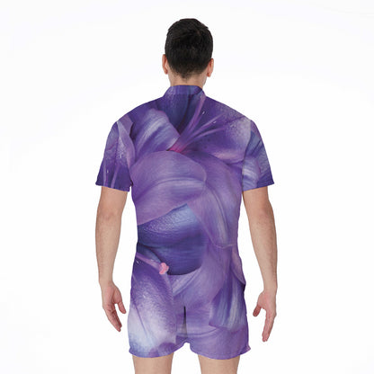 Purple Lily Flower Print Men's Rompers