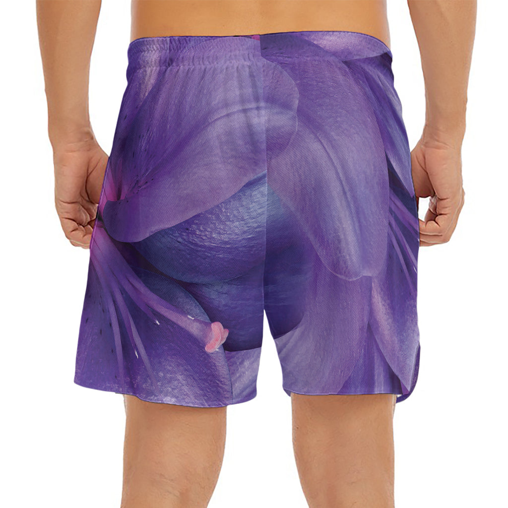 Purple Lily Flower Print Men's Split Running Shorts
