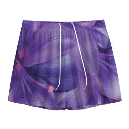 Purple Lily Flower Print Mesh Shorts