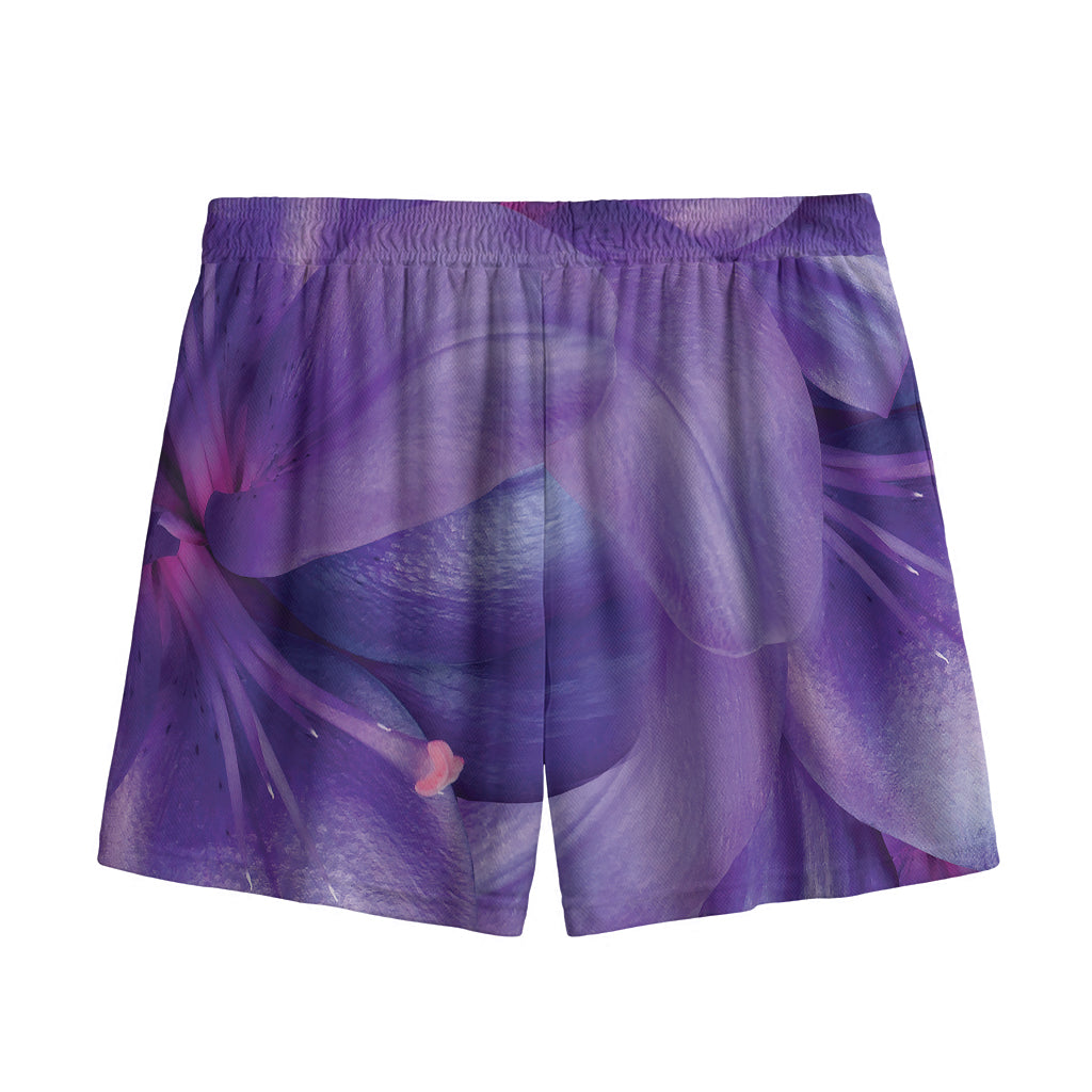 Purple Lily Flower Print Mesh Shorts