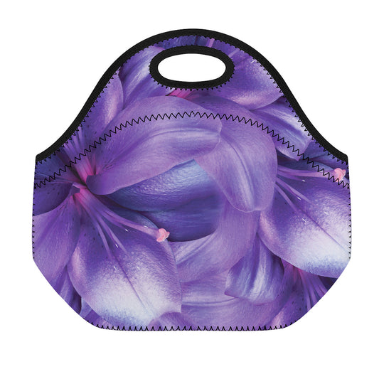 Purple Lily Flower Print Neoprene Lunch Bag