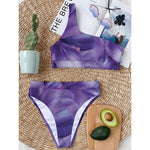 Purple Lily Flower Print One Shoulder Bikini Top