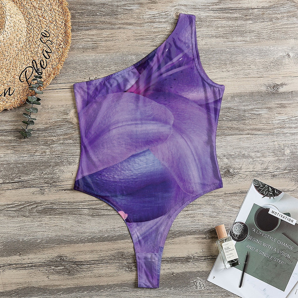 Purple Lily Flower Print One Shoulder Bodysuit