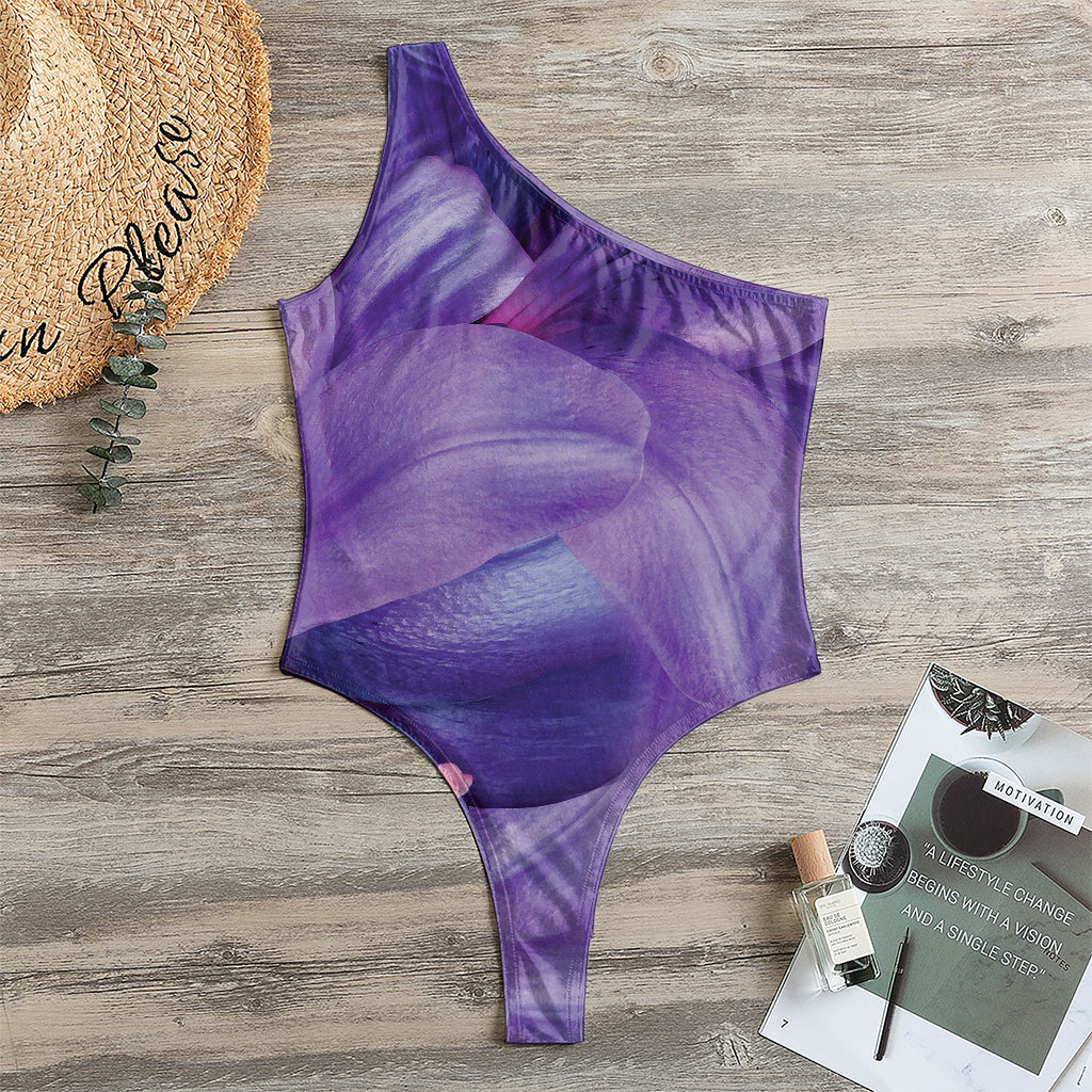 Purple Lily Flower Print One Shoulder Bodysuit
