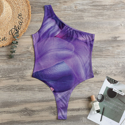 Purple Lily Flower Print One Shoulder Bodysuit