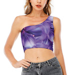 Purple Lily Flower Print One Shoulder Crop Top