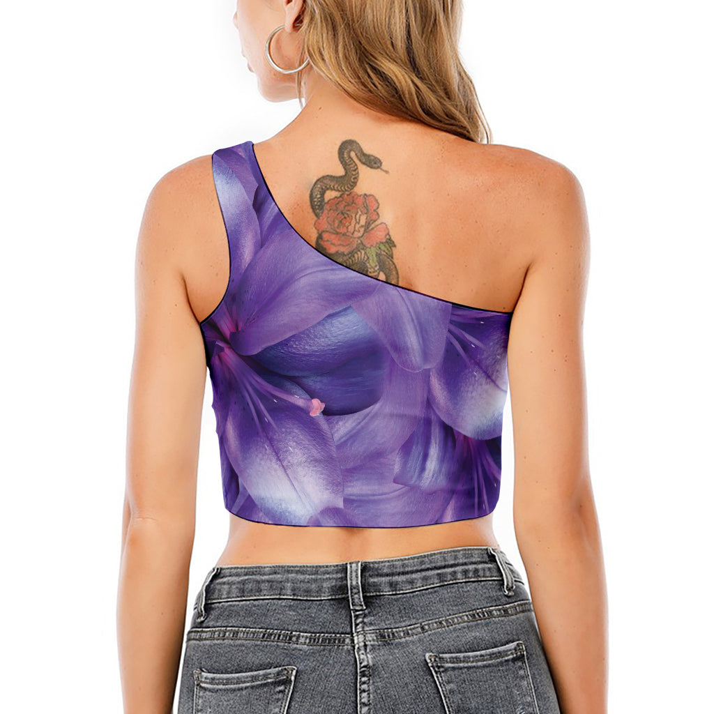 Purple Lily Flower Print One Shoulder Crop Top