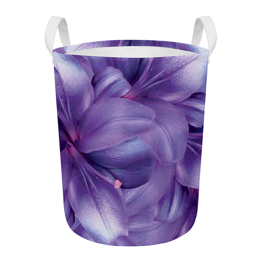 Purple Lily Flower Print Round Laundry Basket