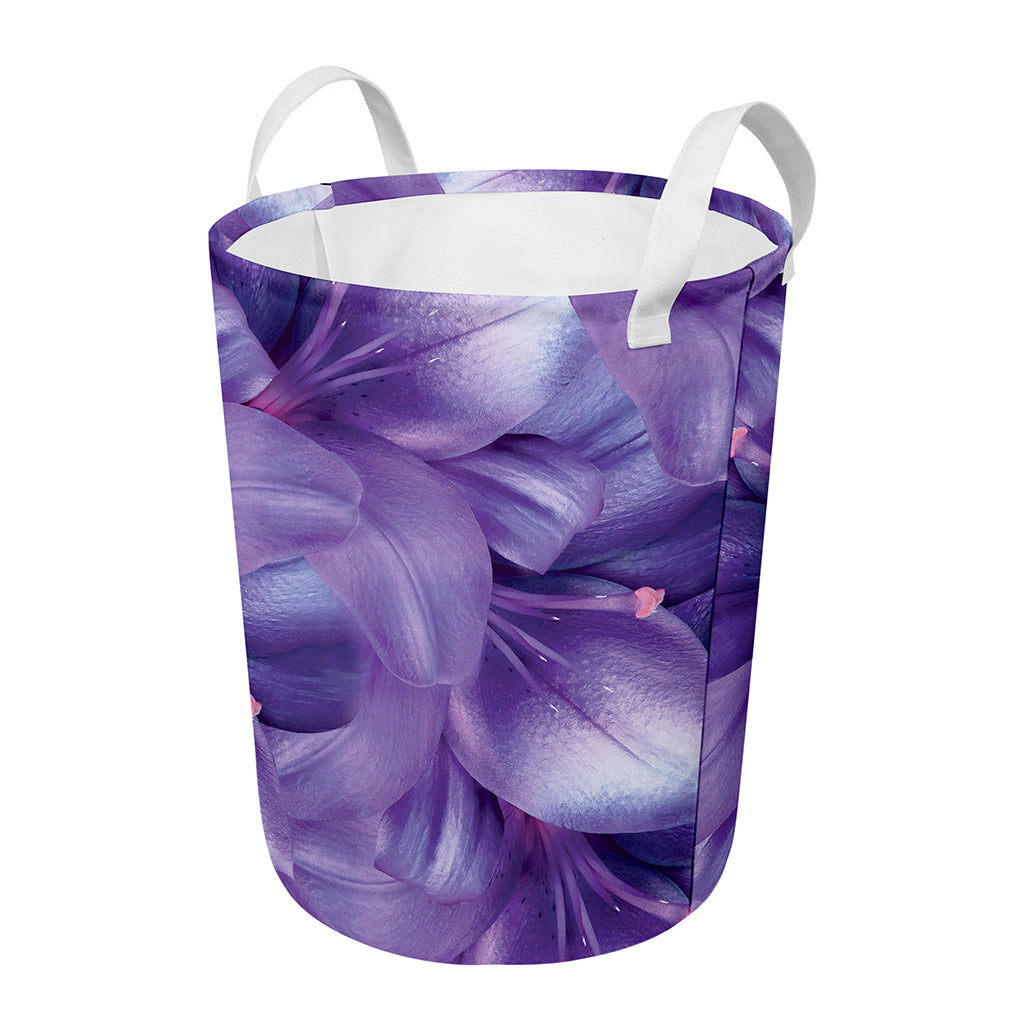 Purple Lily Flower Print Round Laundry Basket