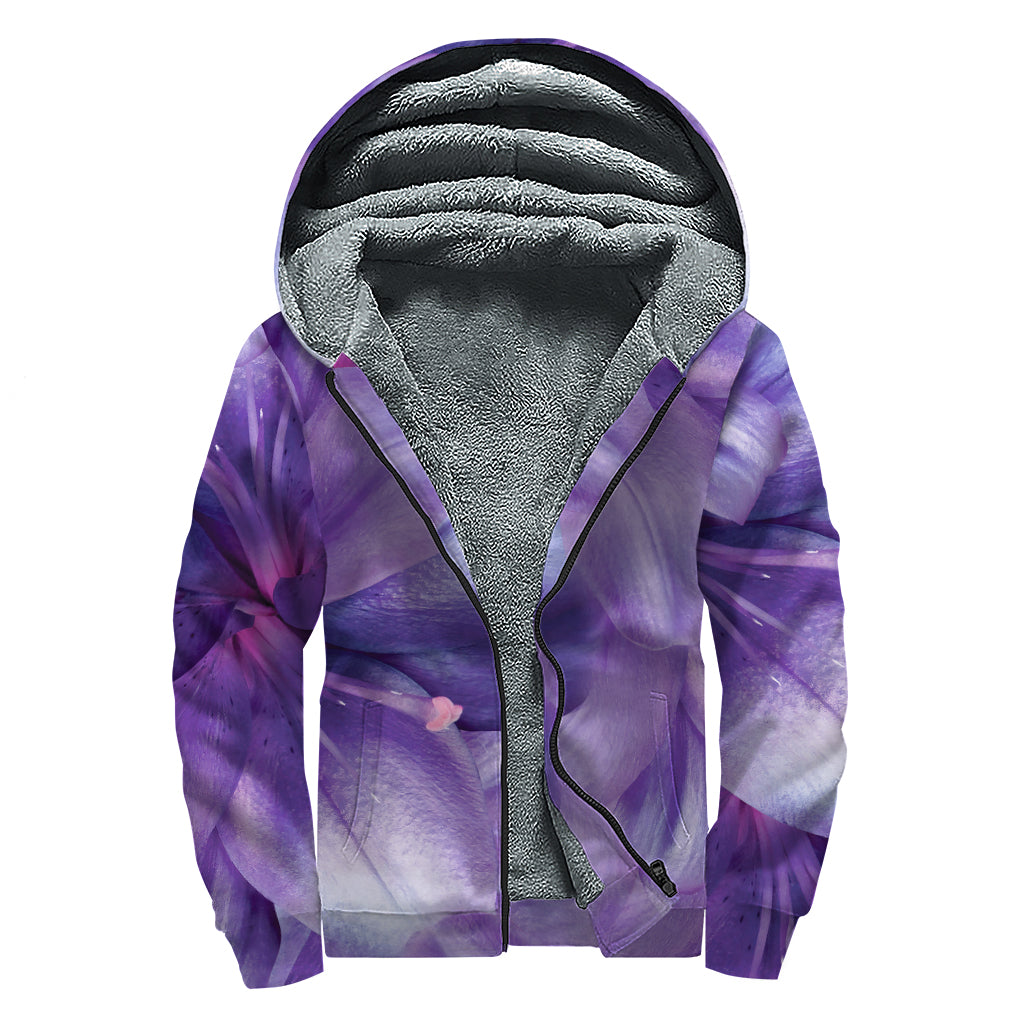 Purple Lily Flower Print Sherpa Lined Zip Up Hoodie