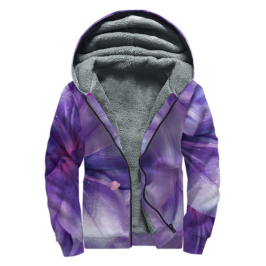 Purple Lily Flower Print Sherpa Lined Zip Up Hoodie