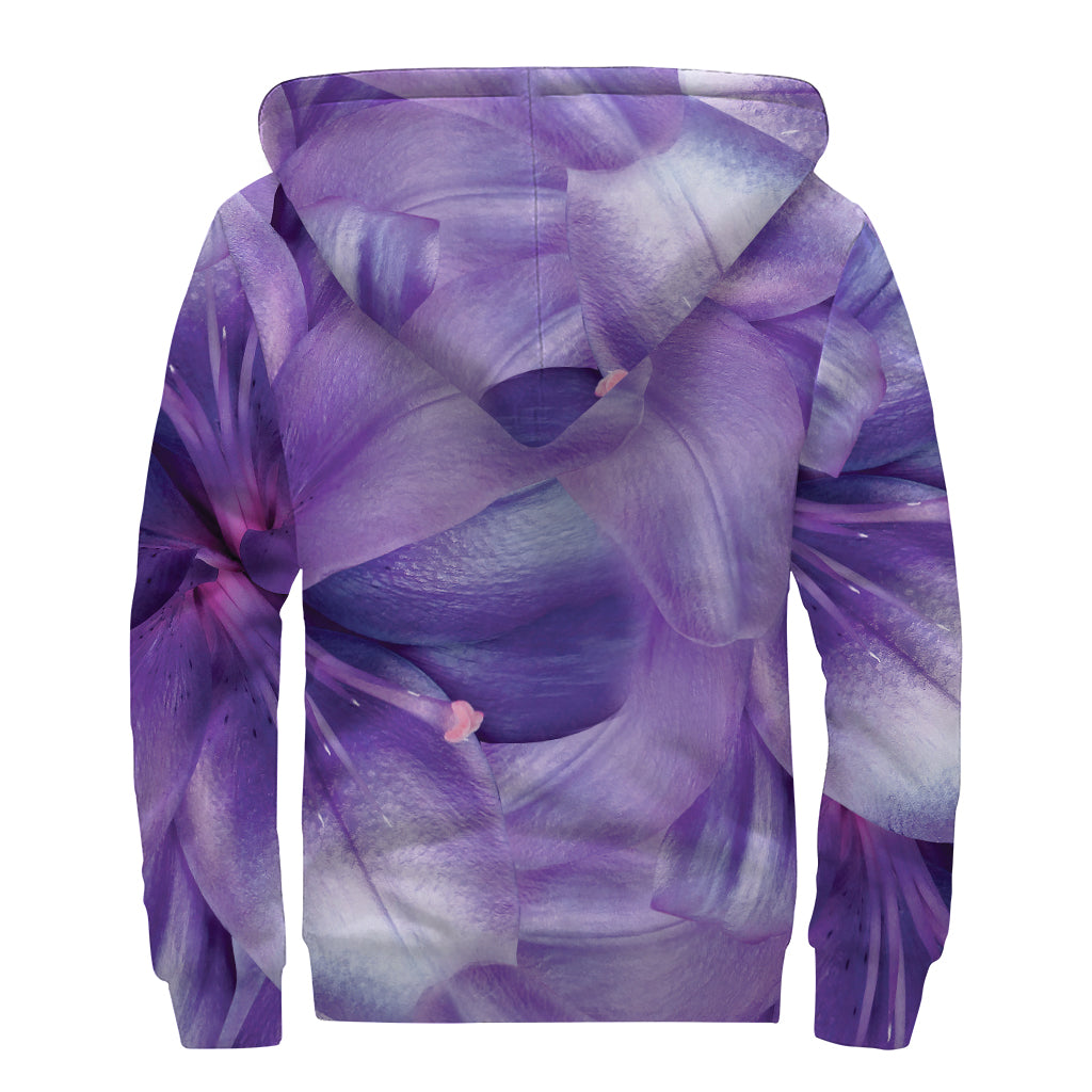 Purple Lily Flower Print Sherpa Lined Zip Up Hoodie