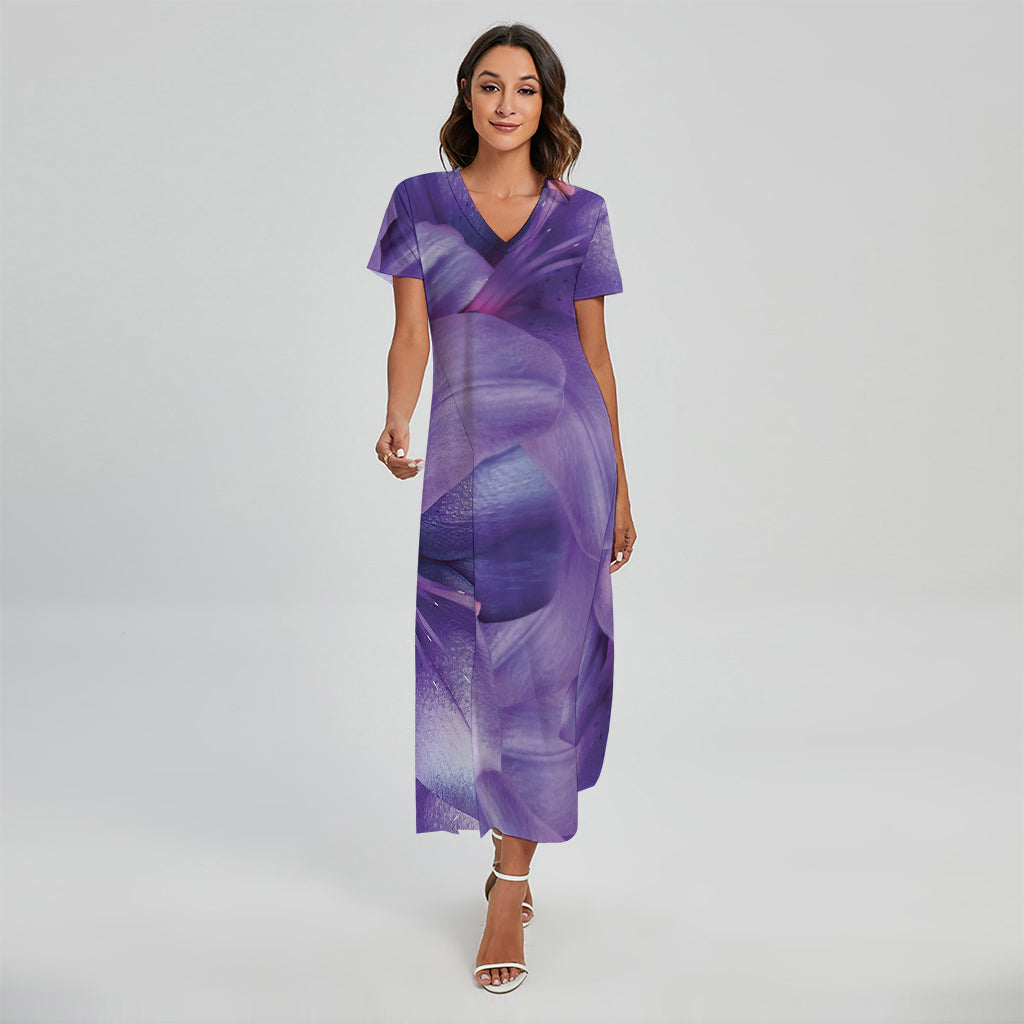 Purple Lily Flower Print Short Sleeve Maxi Dress
