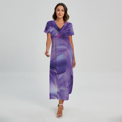 Purple Lily Flower Print Short Sleeve Maxi Dress
