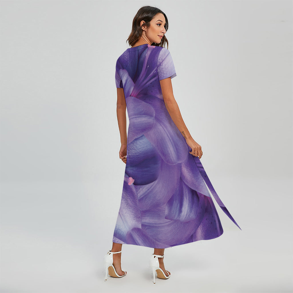 Purple Lily Flower Print Short Sleeve Maxi Dress
