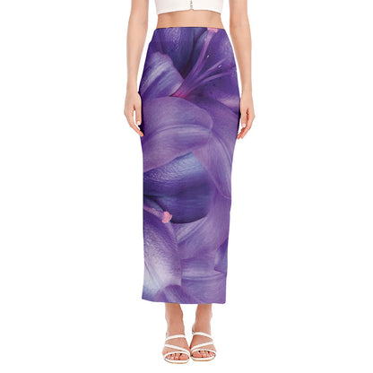 Purple Lily Flower Print Side Slit Maxi Skirt