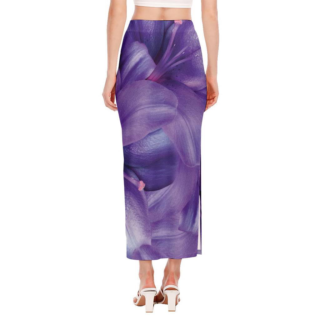 Purple Lily Flower Print Side Slit Maxi Skirt