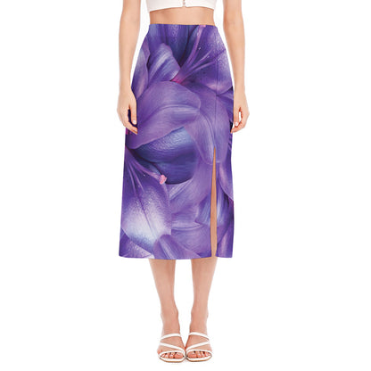 Purple Lily Flower Print Side Slit Midi Skirt